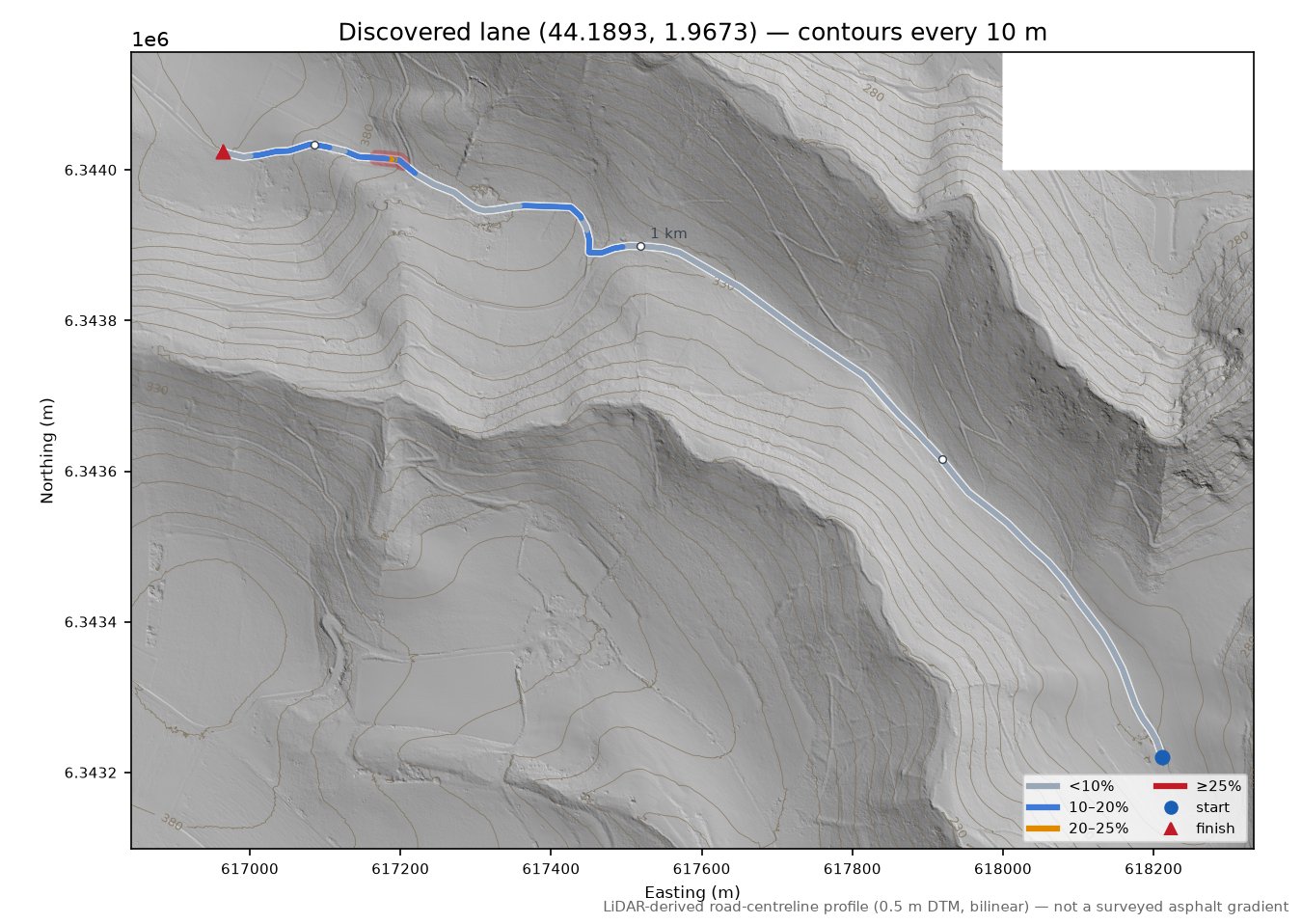 Discovered lane (44.1893, 1.9673) LiDAR hillshade map with contours