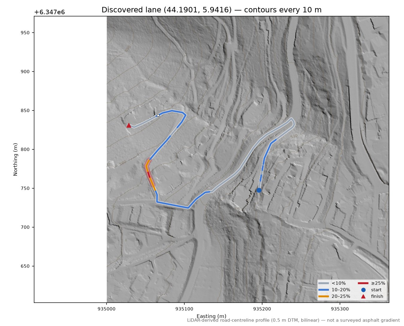 Discovered lane (44.1901, 5.9416) LiDAR hillshade map with contours