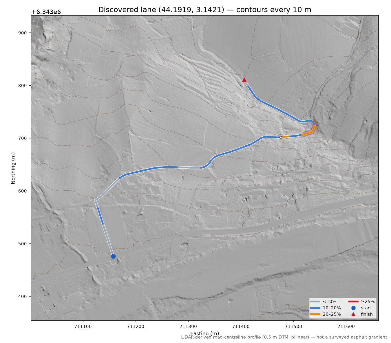 Discovered lane (44.1919, 3.1421) LiDAR hillshade map with contours