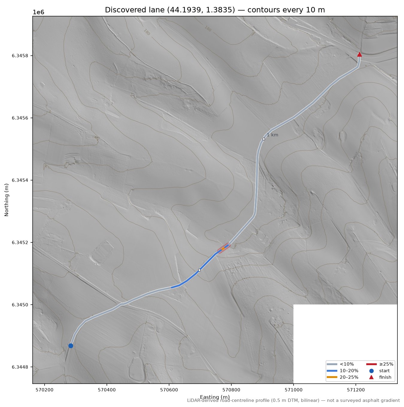 Discovered lane (44.1939, 1.3835) LiDAR hillshade map with contours
