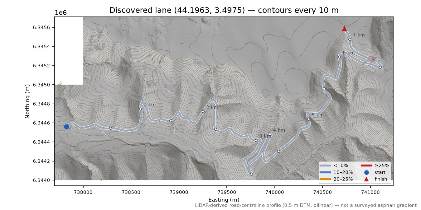 Discovered lane (44.1963, 3.4975) LiDAR hillshade map with contours