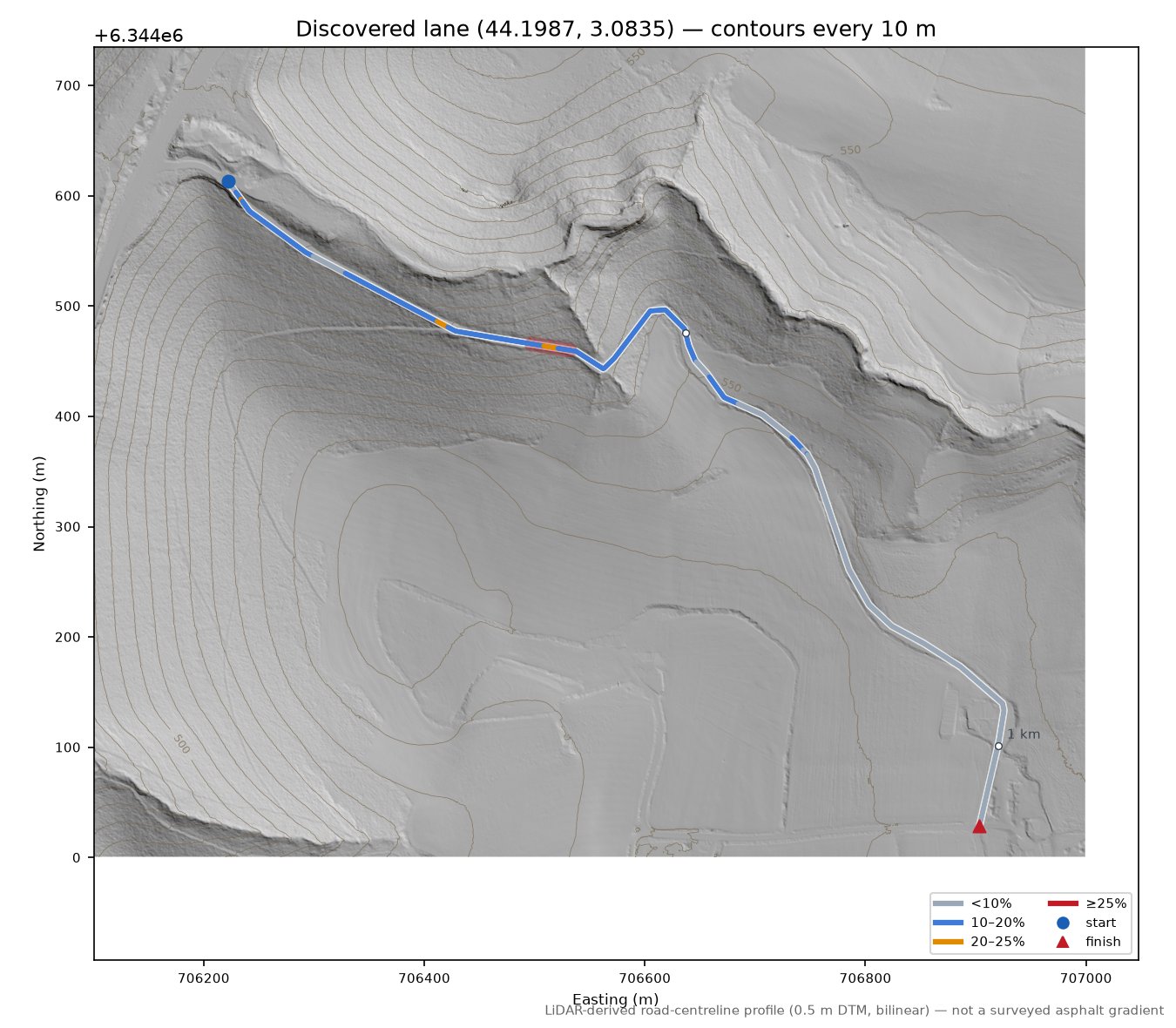 Discovered lane (44.1987, 3.0835) LiDAR hillshade map with contours