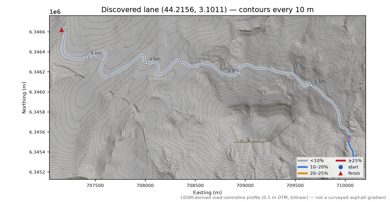 Discovered lane (44.2156, 3.1011) LiDAR hillshade map with contours