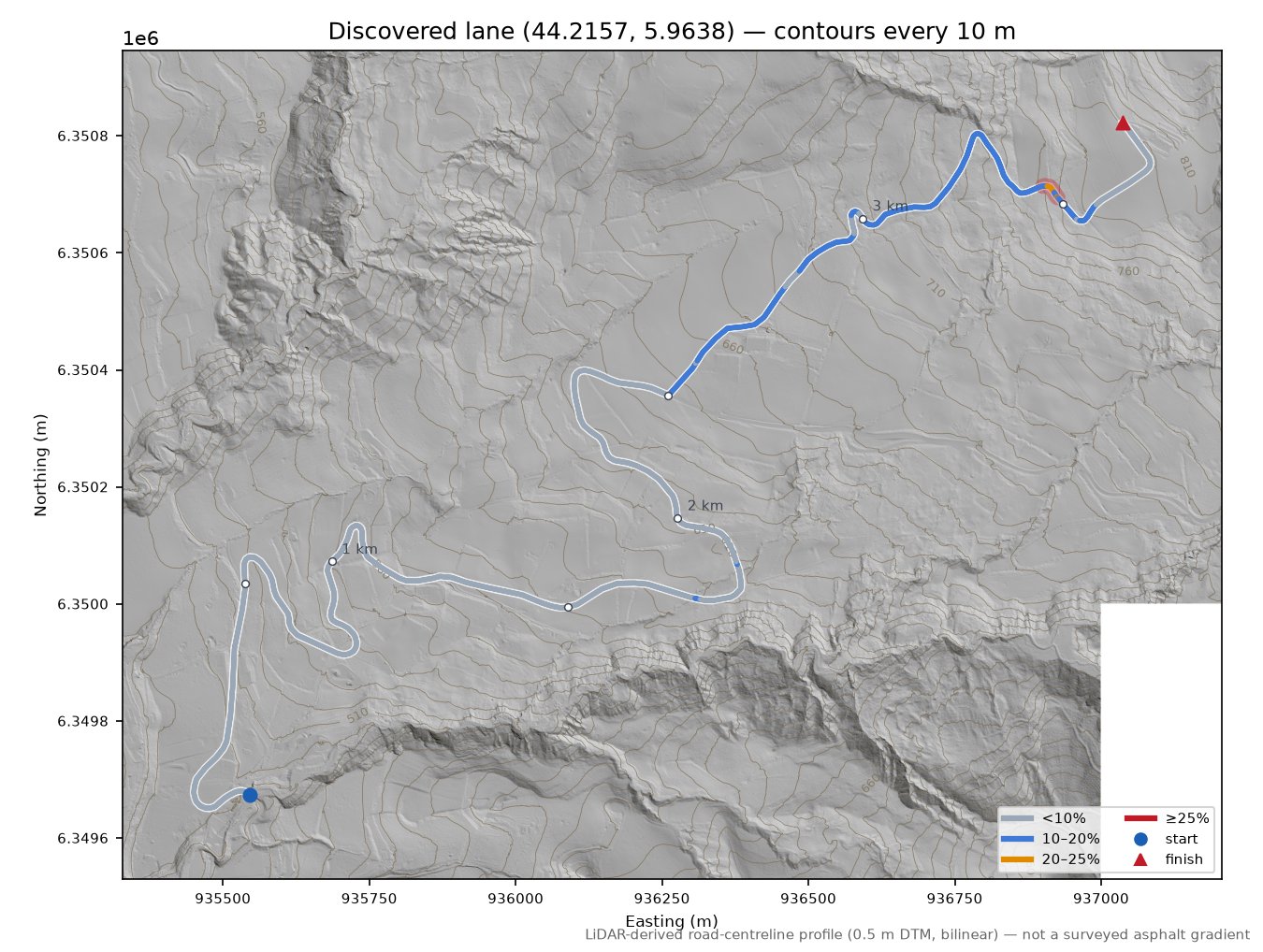 Discovered lane (44.2157, 5.9638) LiDAR hillshade map with contours
