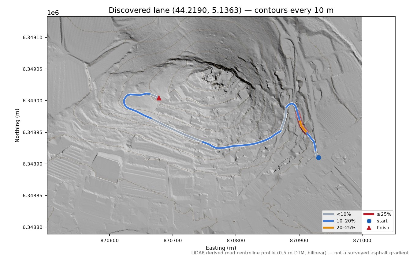 Discovered lane (44.2190, 5.1363) LiDAR hillshade map with contours