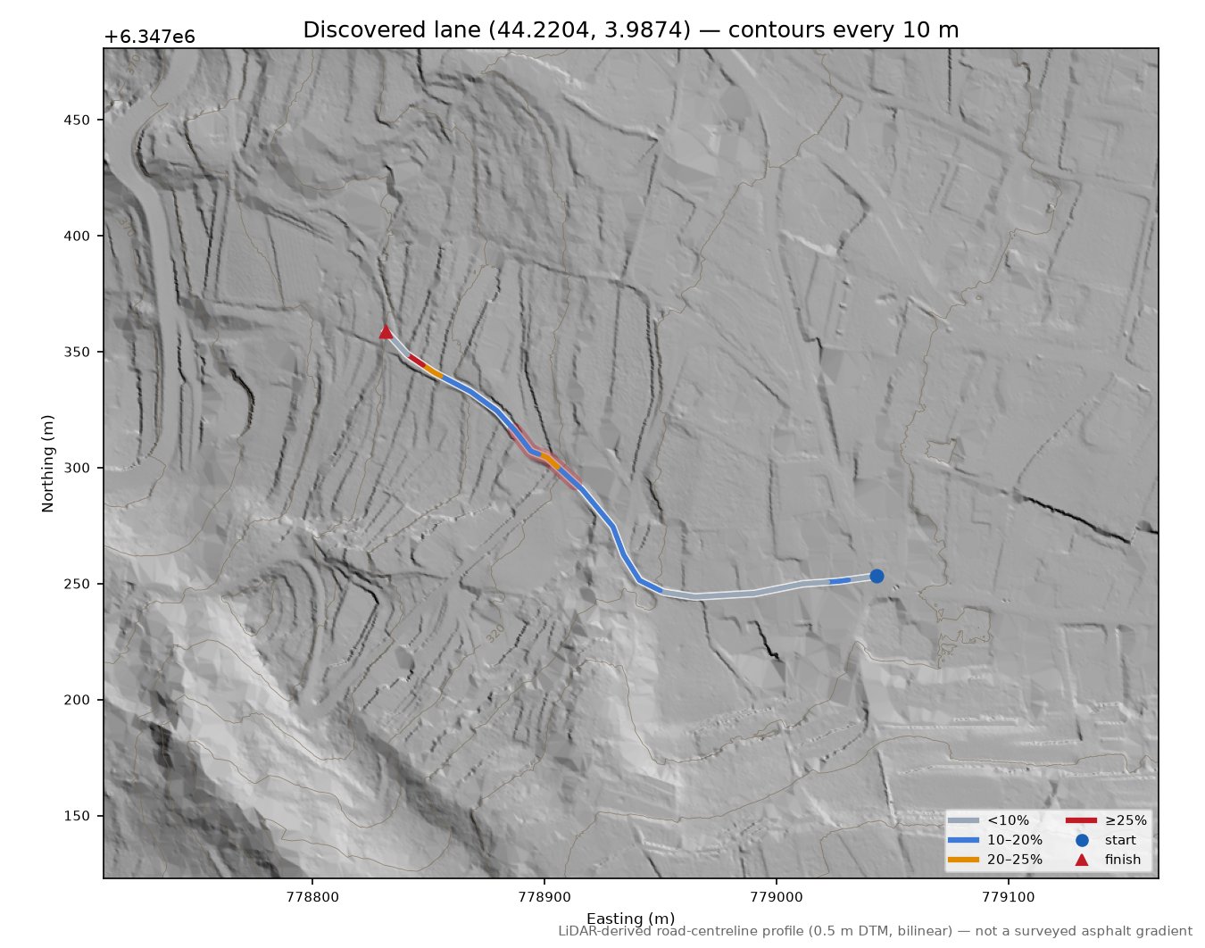 Discovered lane (44.2204, 3.9874) LiDAR hillshade map with contours