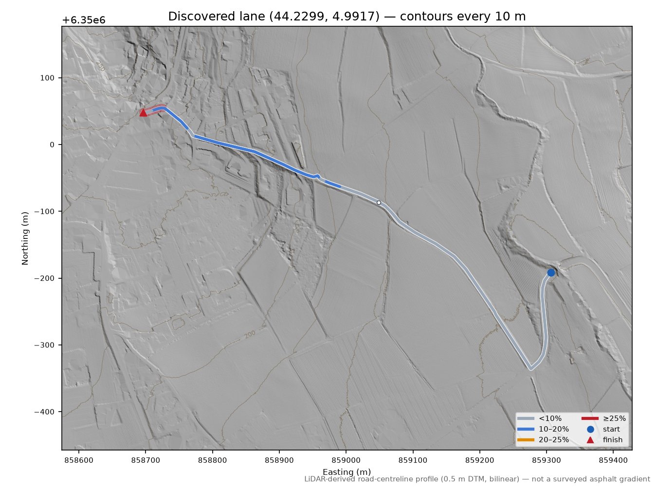 Discovered lane (44.2299, 4.9917) LiDAR hillshade map with contours