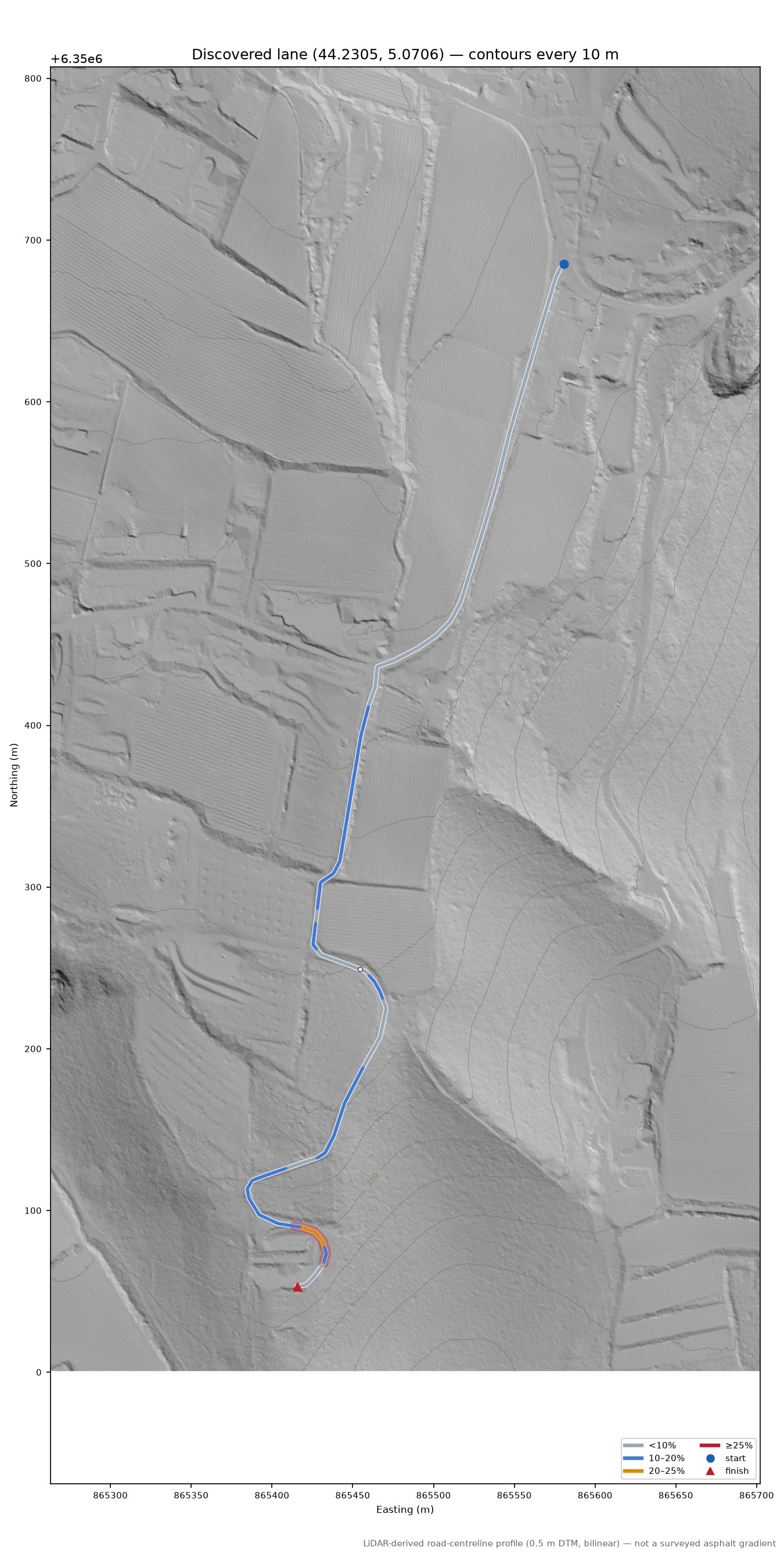 Discovered lane (44.2305, 5.0706) LiDAR hillshade map with contours