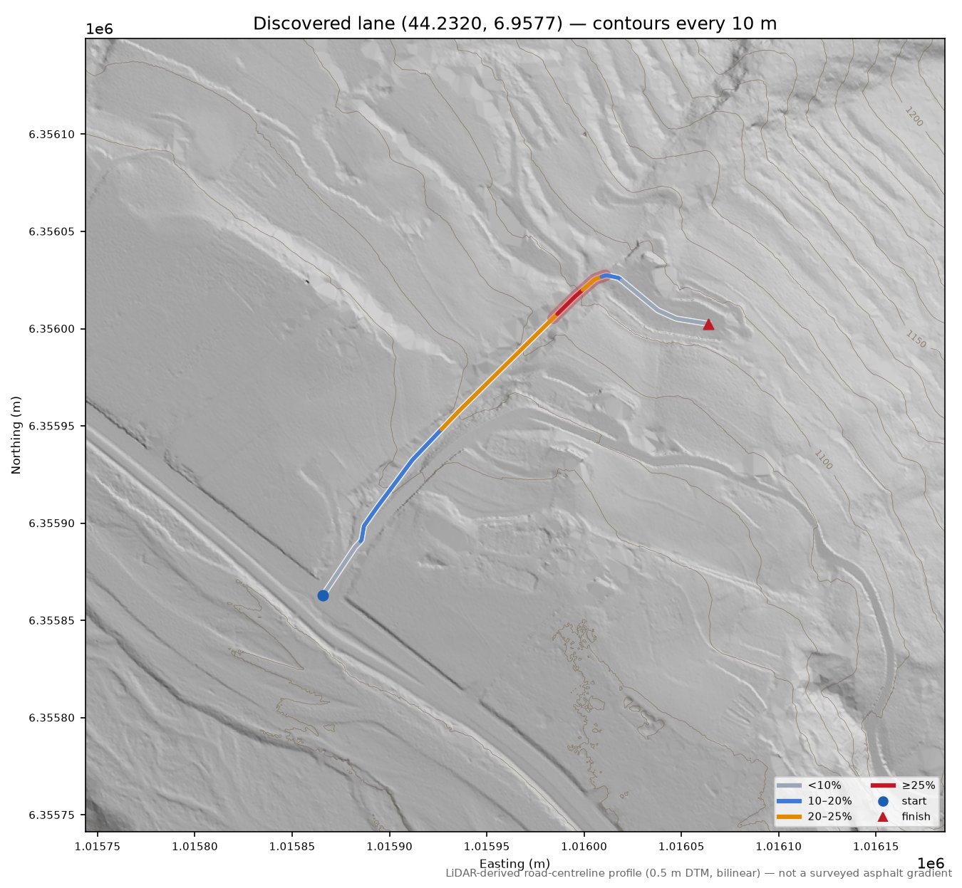 Discovered lane (44.2320, 6.9577) LiDAR hillshade map with contours