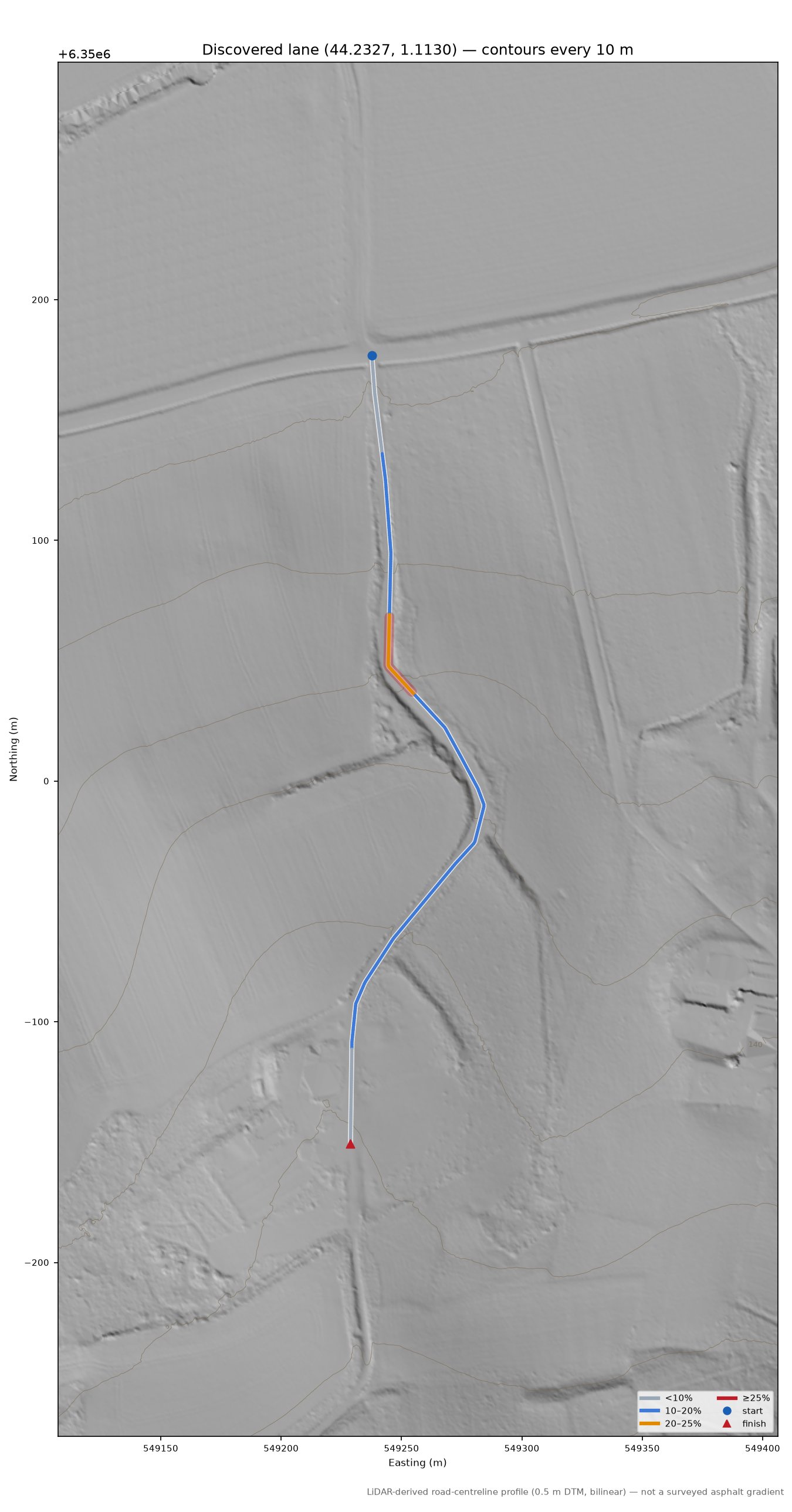 Discovered lane (44.2327, 1.1130) LiDAR hillshade map with contours