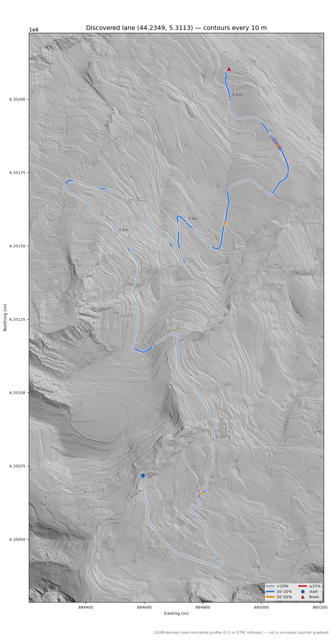 Discovered lane (44.2349, 5.3113) LiDAR hillshade map with contours