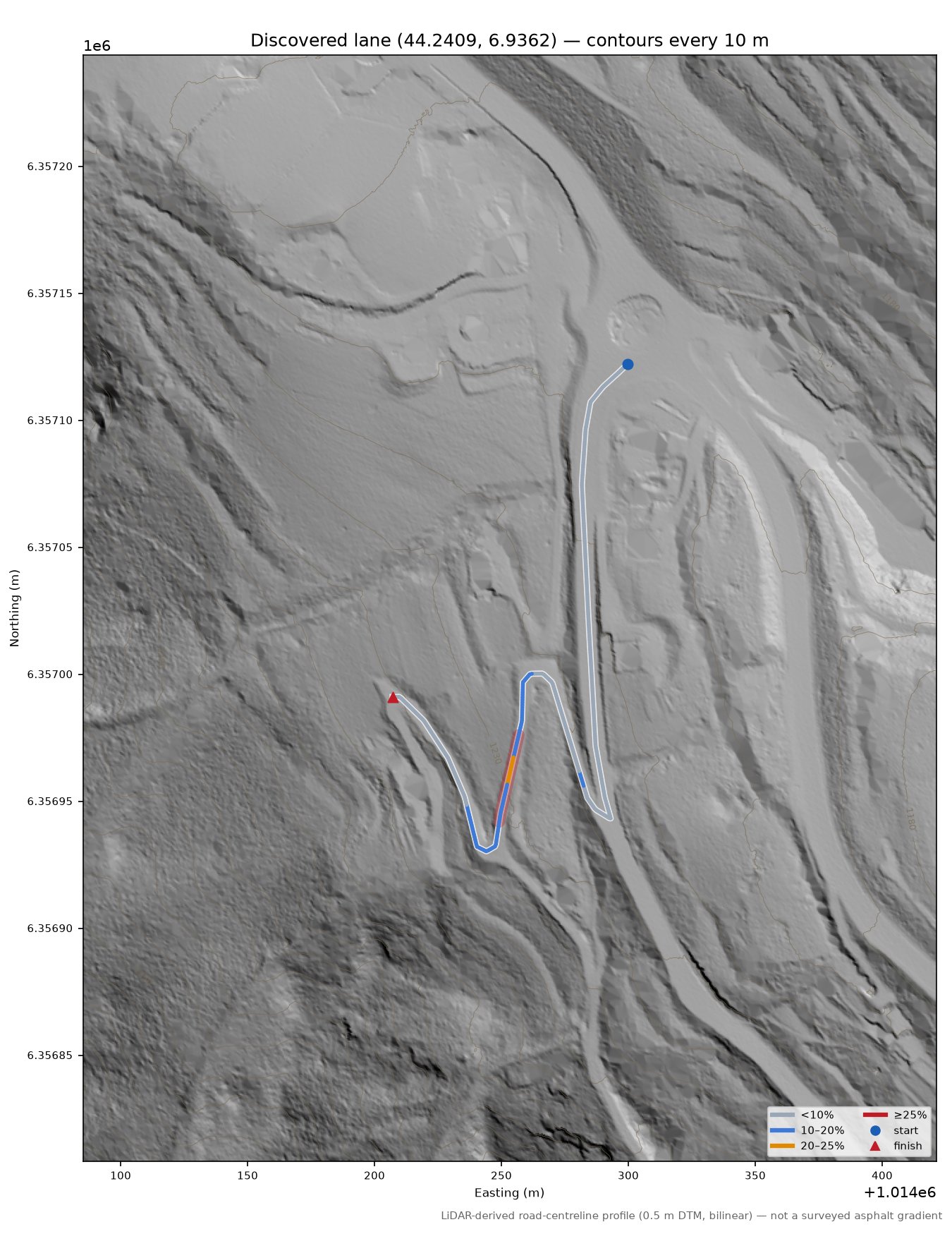 Discovered lane (44.2409, 6.9362) LiDAR hillshade map with contours
