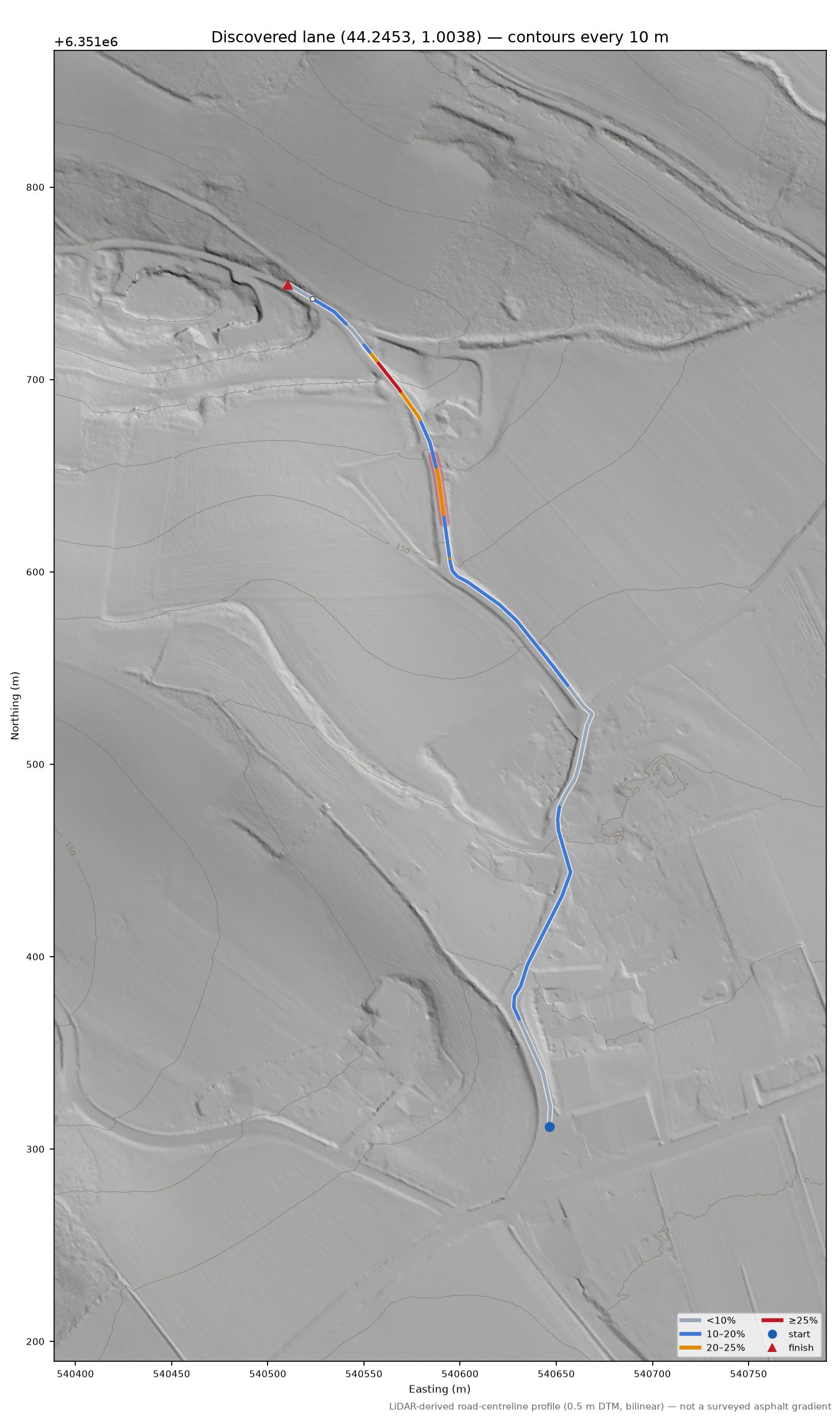 Discovered lane (44.2453, 1.0038) LiDAR hillshade map with contours