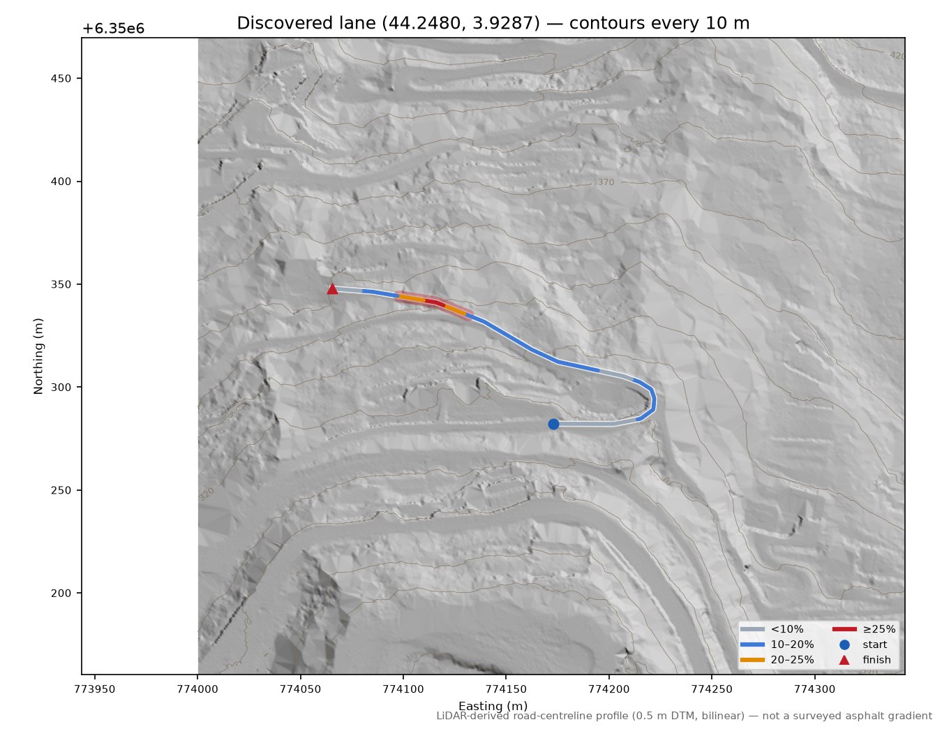 Discovered lane (44.2480, 3.9287) LiDAR hillshade map with contours