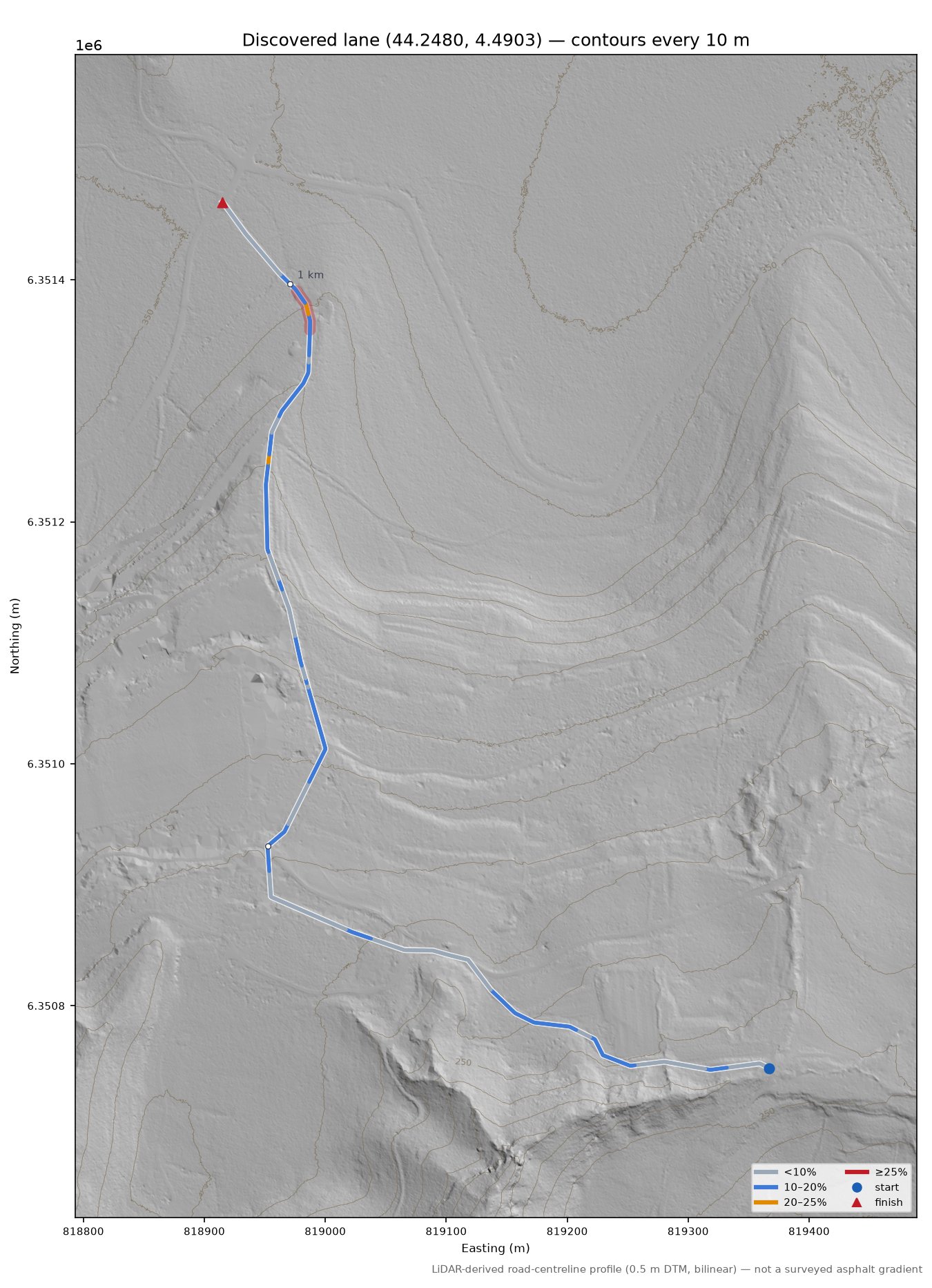 Discovered lane (44.2480, 4.4903) LiDAR hillshade map with contours
