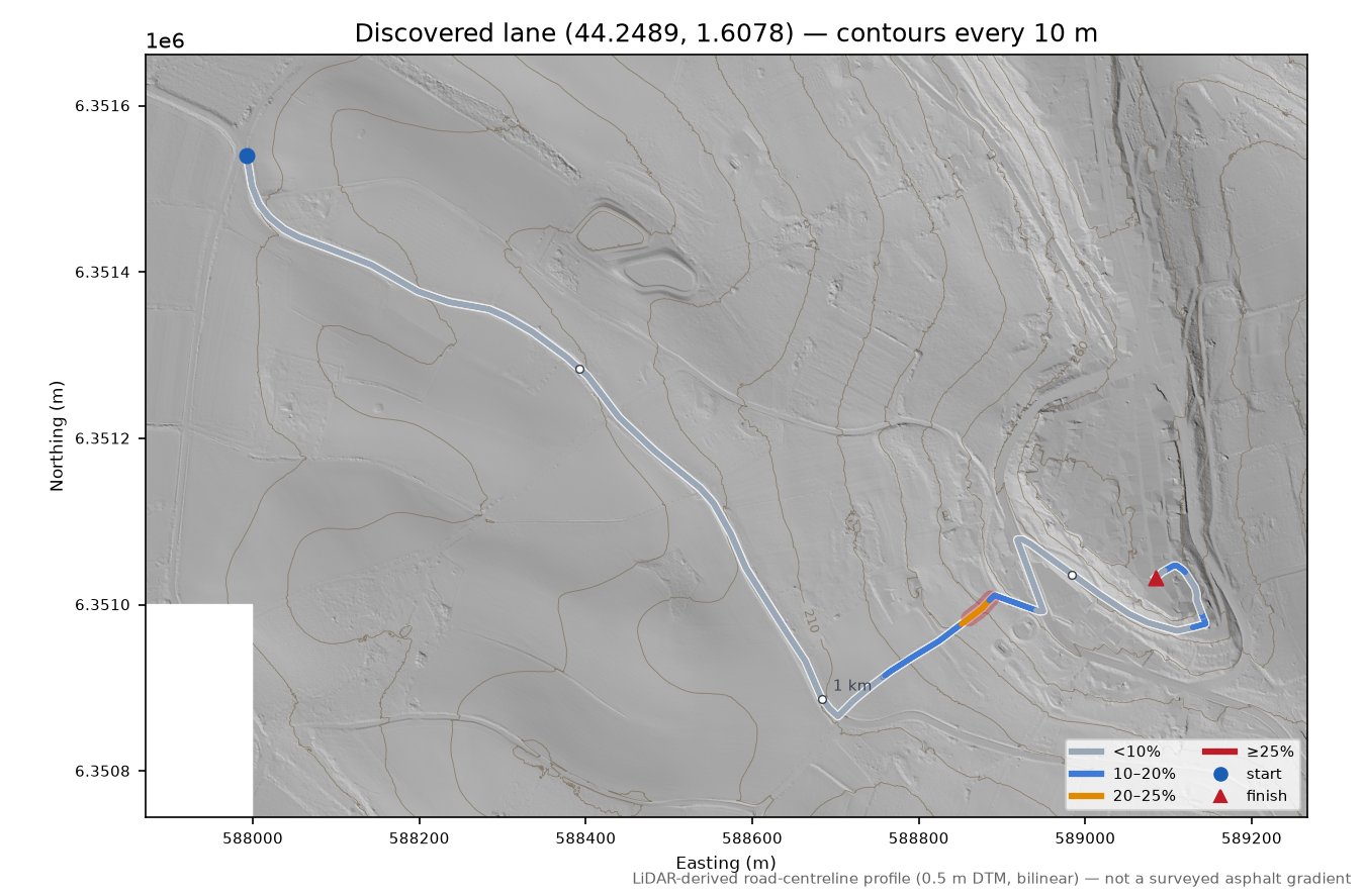 Discovered lane (44.2489, 1.6078) LiDAR hillshade map with contours