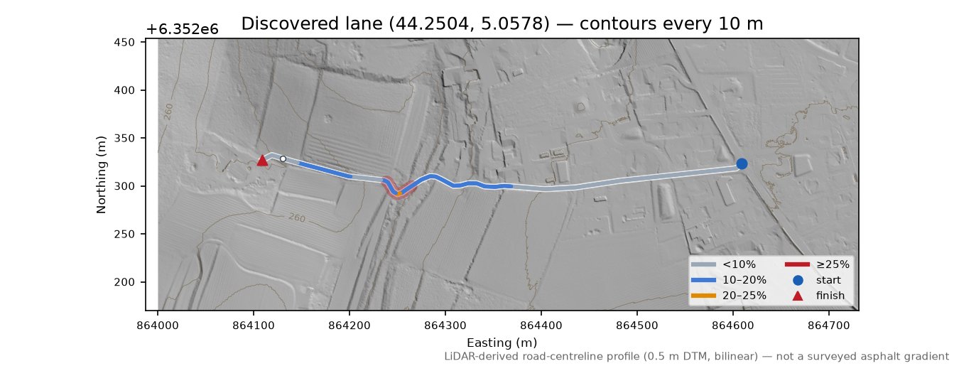 Discovered lane (44.2504, 5.0578) LiDAR hillshade map with contours