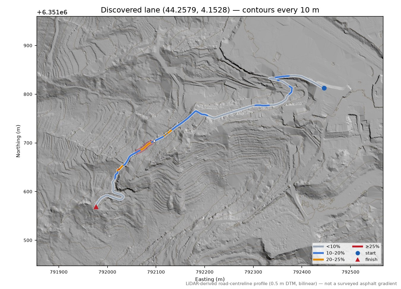 Discovered lane (44.2579, 4.1528) LiDAR hillshade map with contours