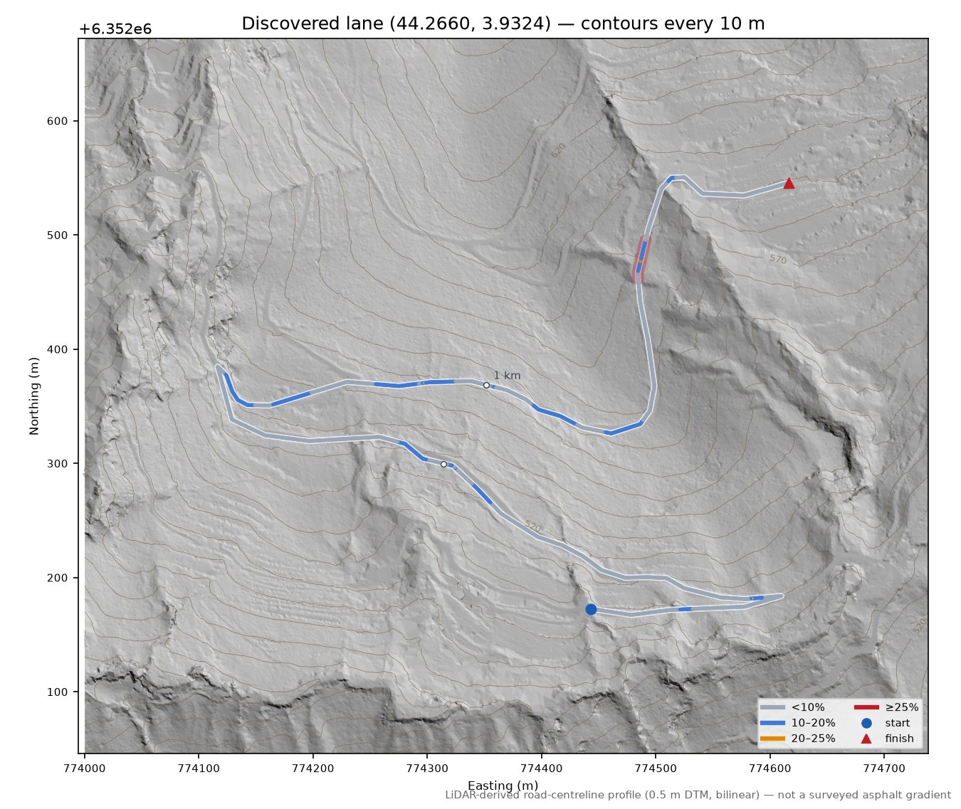 Discovered lane (44.2660, 3.9324) LiDAR hillshade map with contours