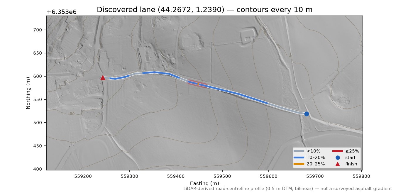 Discovered lane (44.2672, 1.2390) LiDAR hillshade map with contours