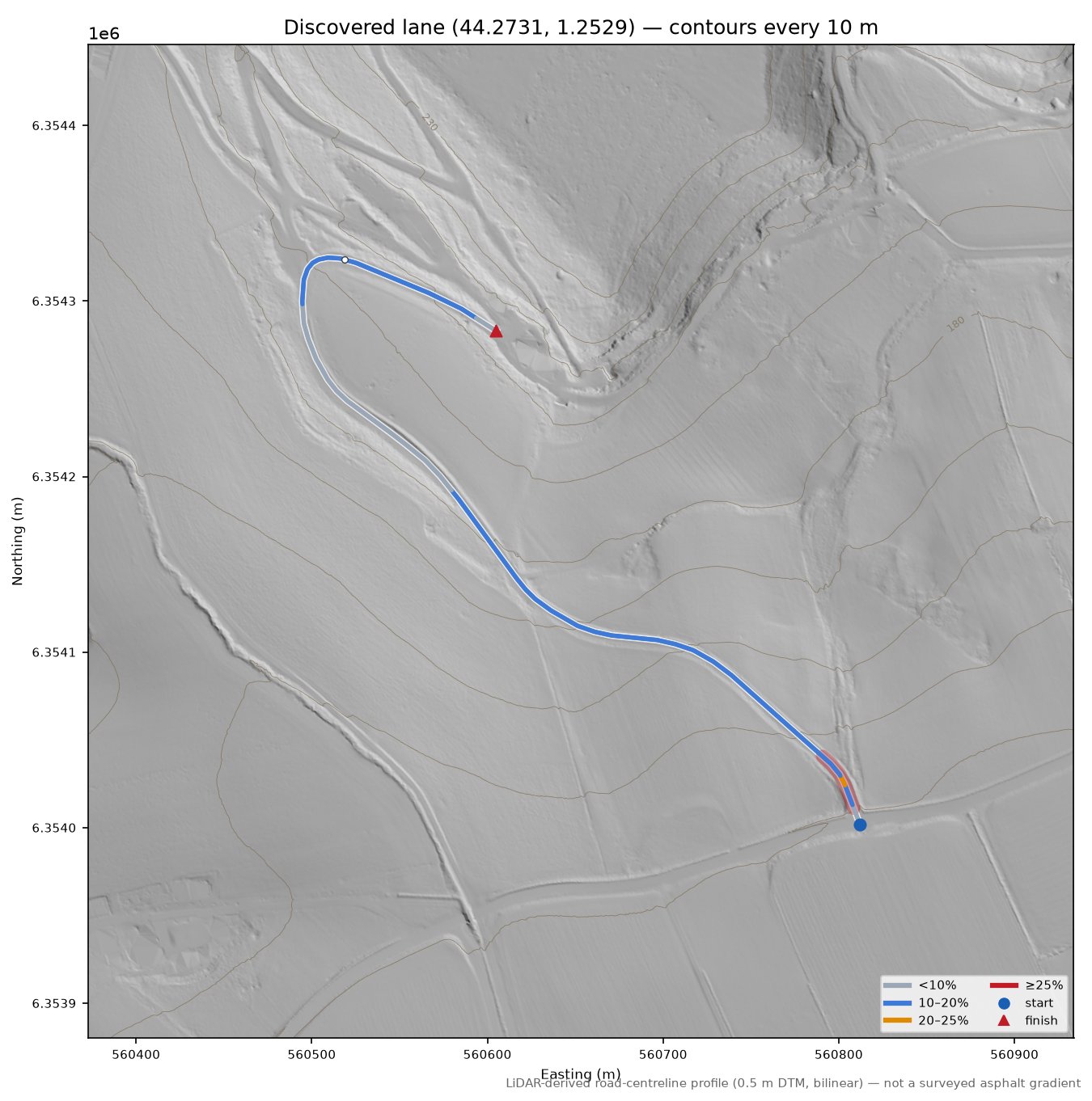 Discovered lane (44.2731, 1.2529) LiDAR hillshade map with contours