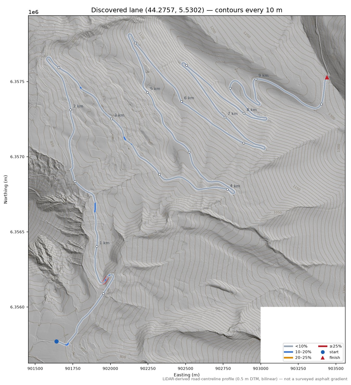 Discovered lane (44.2757, 5.5302) LiDAR hillshade map with contours