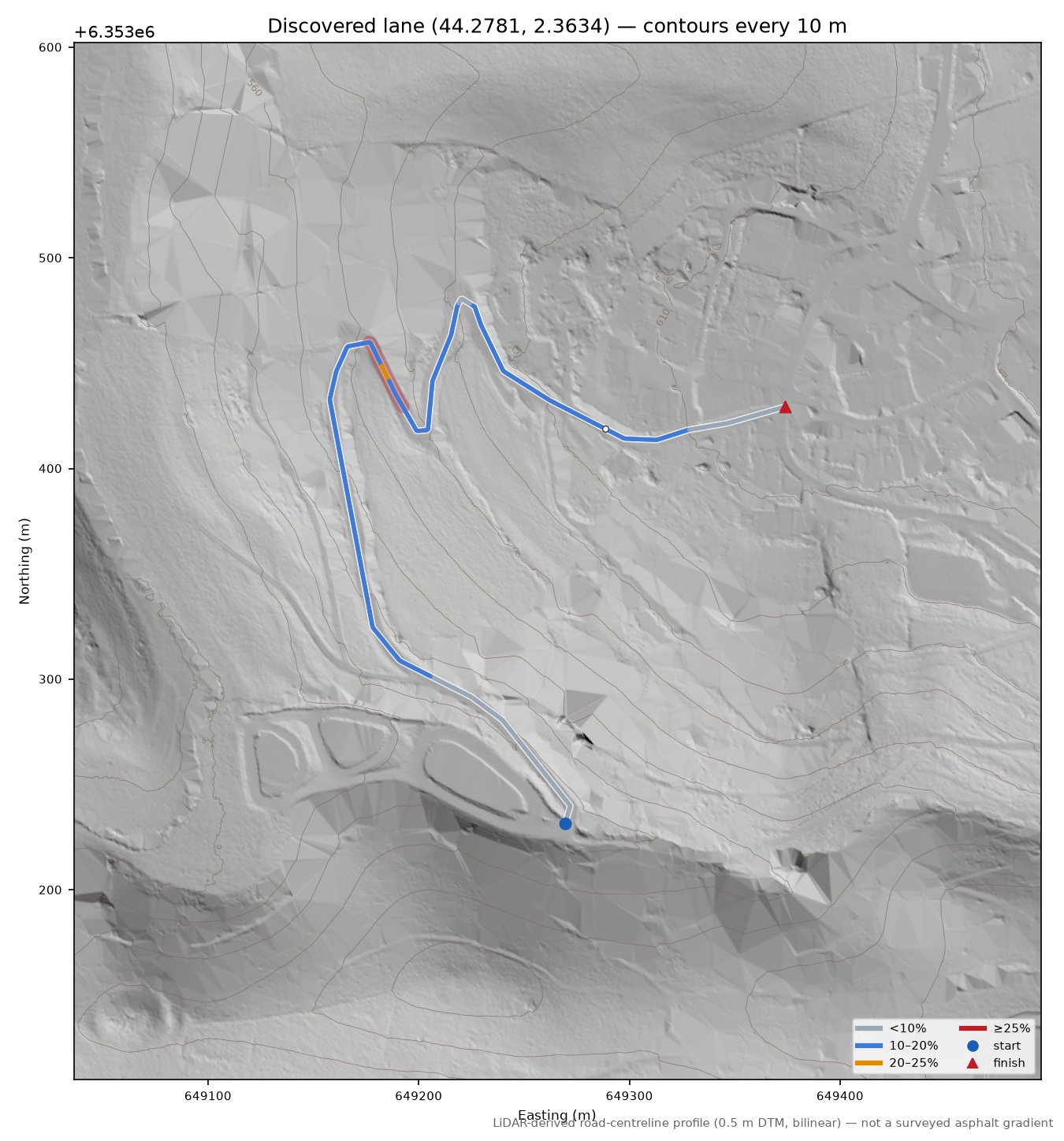 Discovered lane (44.2781, 2.3634) LiDAR hillshade map with contours