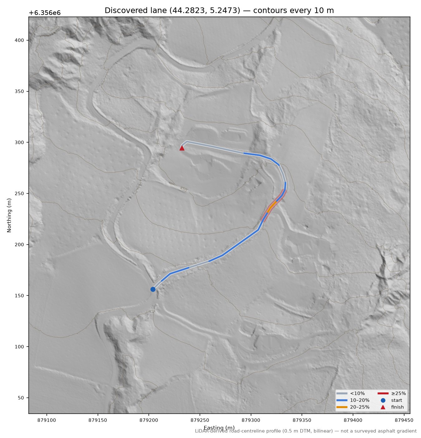 Discovered lane (44.2823, 5.2473) LiDAR hillshade map with contours