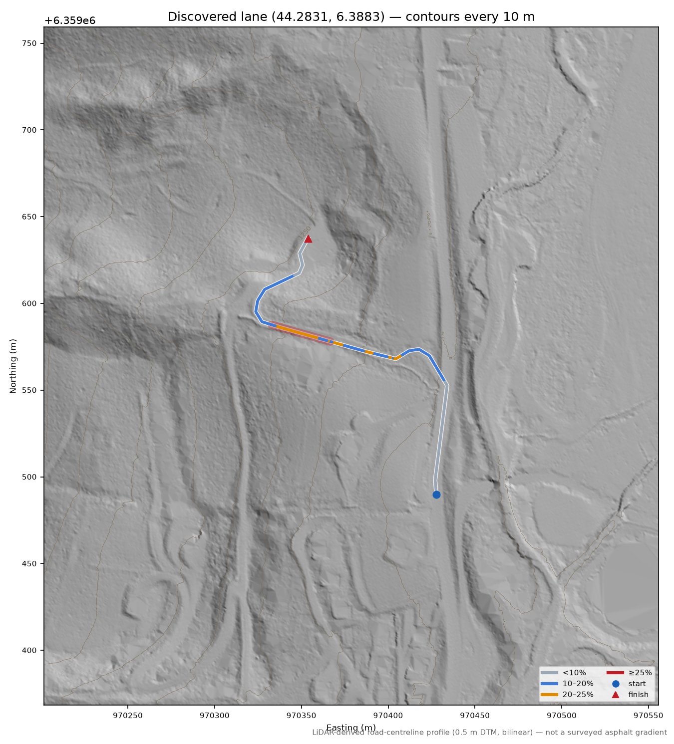 Discovered lane (44.2831, 6.3883) LiDAR hillshade map with contours