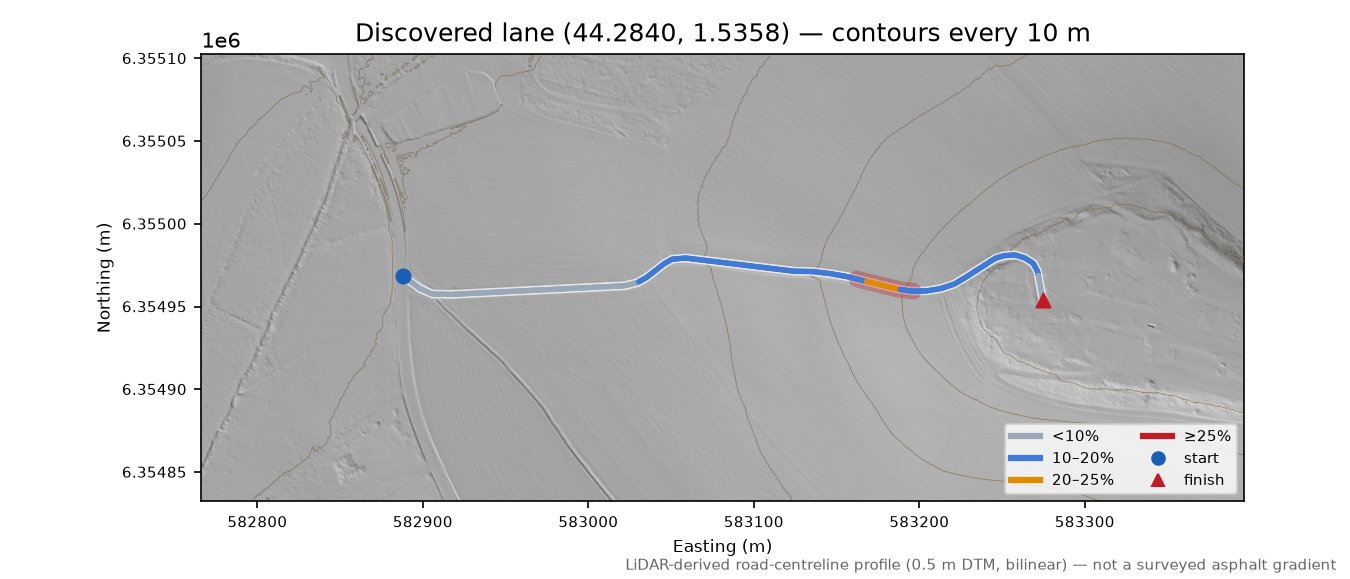 Discovered lane (44.2840, 1.5358) LiDAR hillshade map with contours