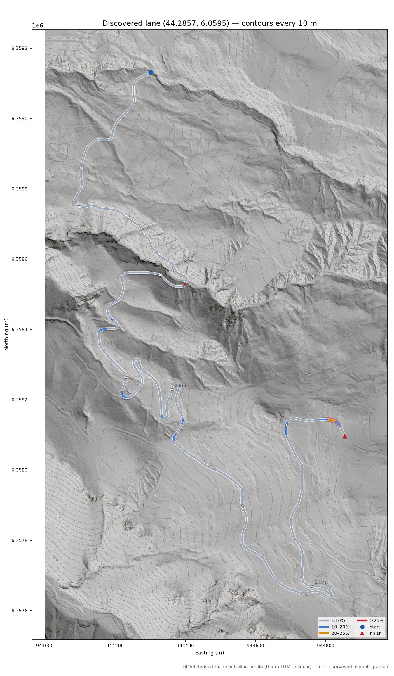 Discovered lane (44.2857, 6.0595) LiDAR hillshade map with contours