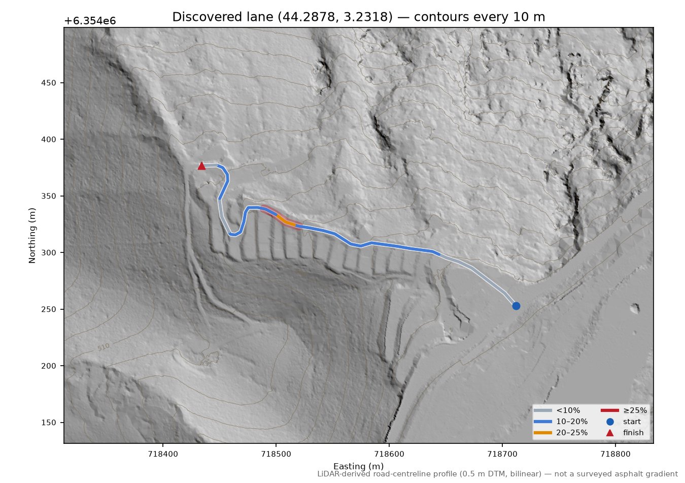 Discovered lane (44.2878, 3.2318) LiDAR hillshade map with contours