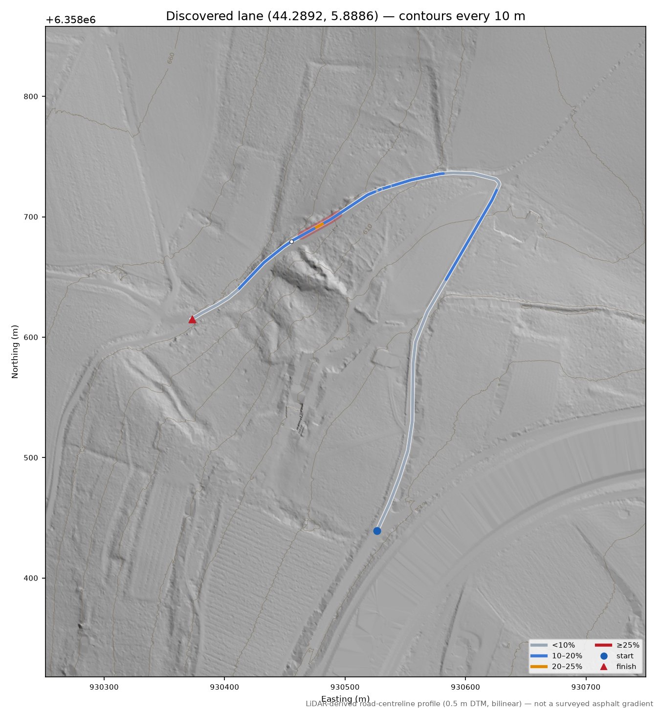 Discovered lane (44.2892, 5.8886) LiDAR hillshade map with contours