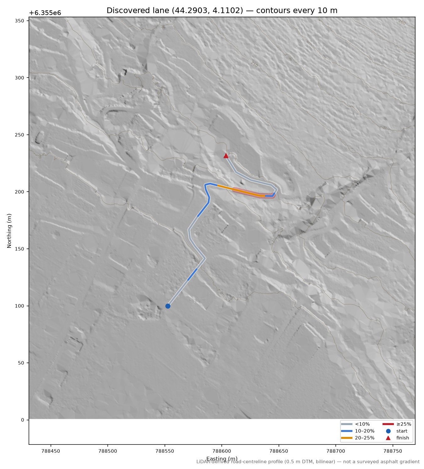 Discovered lane (44.2903, 4.1102) LiDAR hillshade map with contours