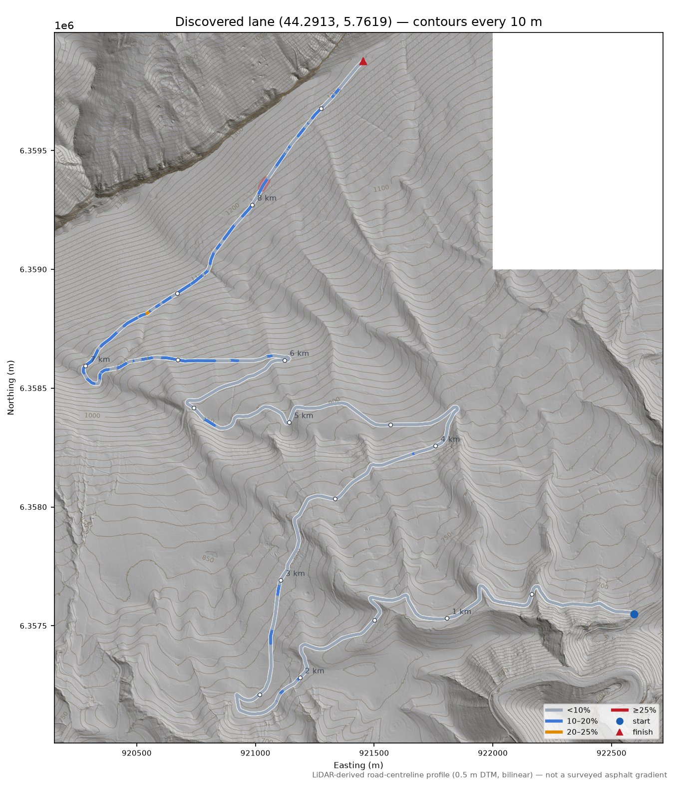 Discovered lane (44.2913, 5.7619) LiDAR hillshade map with contours