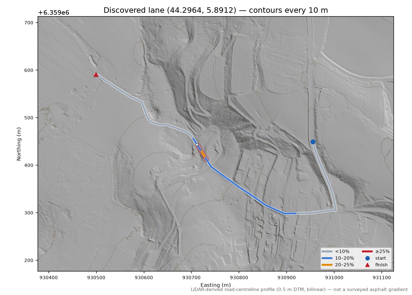 Discovered lane (44.2964, 5.8912) LiDAR hillshade map with contours
