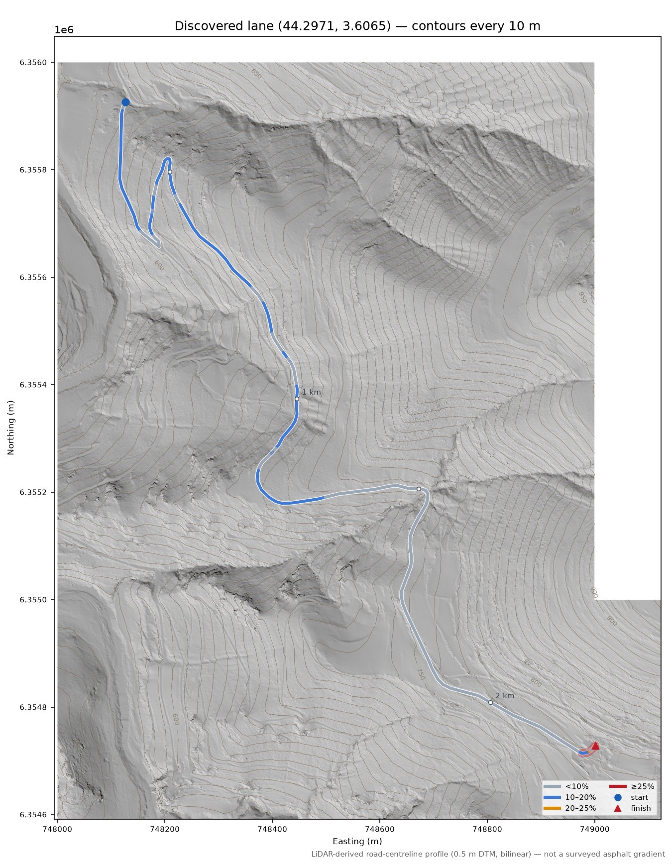 Discovered lane (44.2971, 3.6065) LiDAR hillshade map with contours