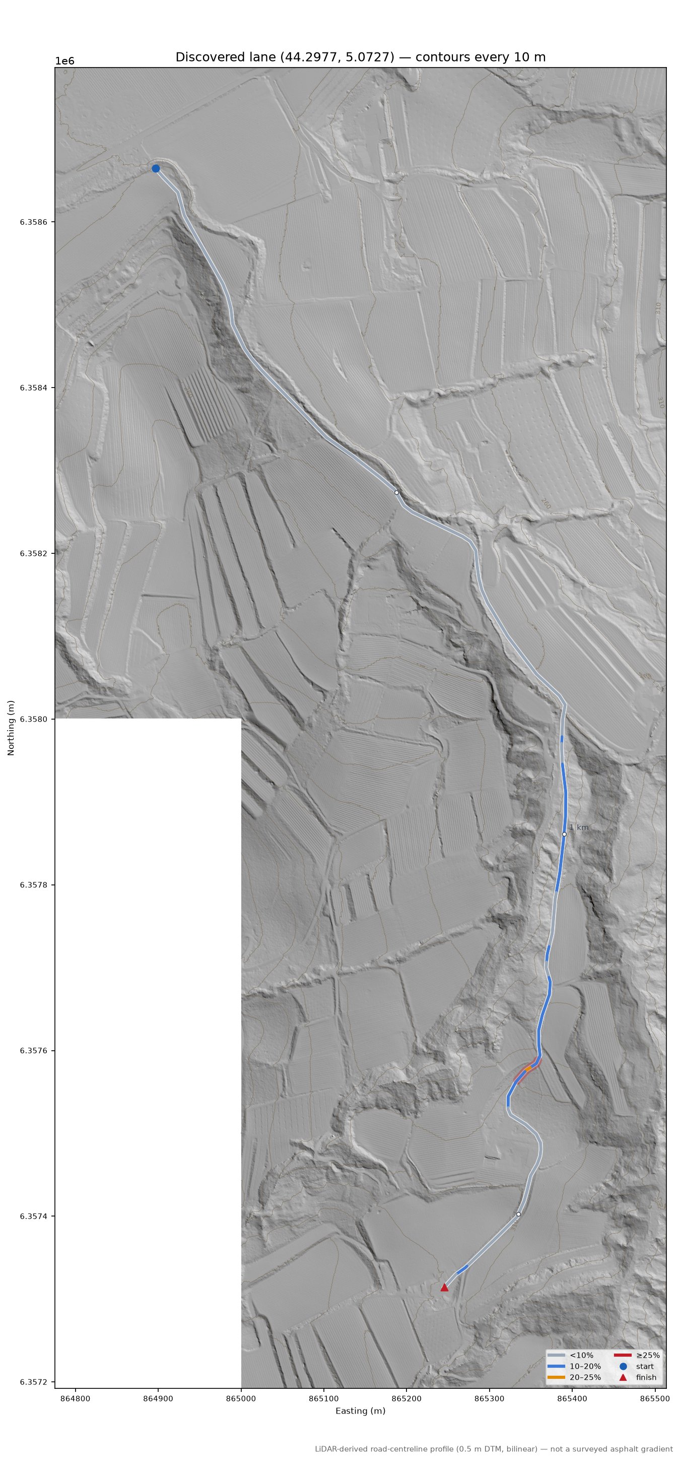 Discovered lane (44.2977, 5.0727) LiDAR hillshade map with contours