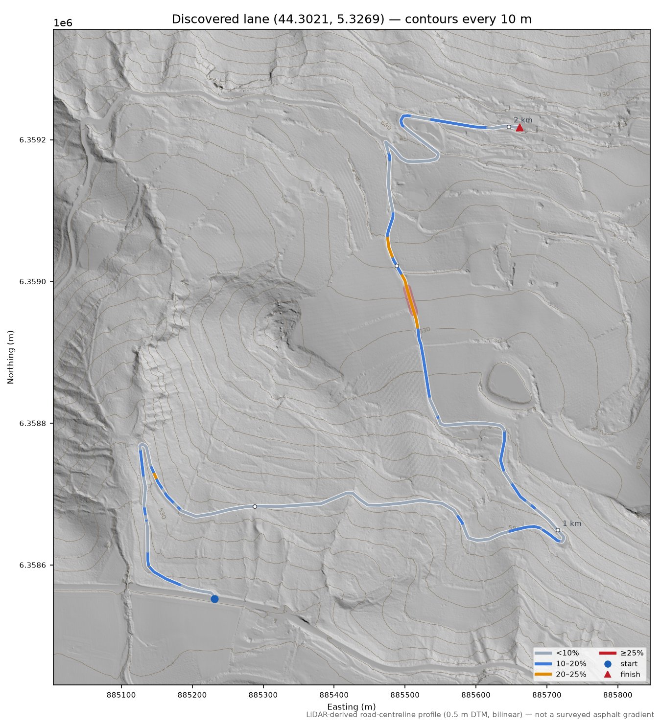 Discovered lane (44.3021, 5.3269) LiDAR hillshade map with contours