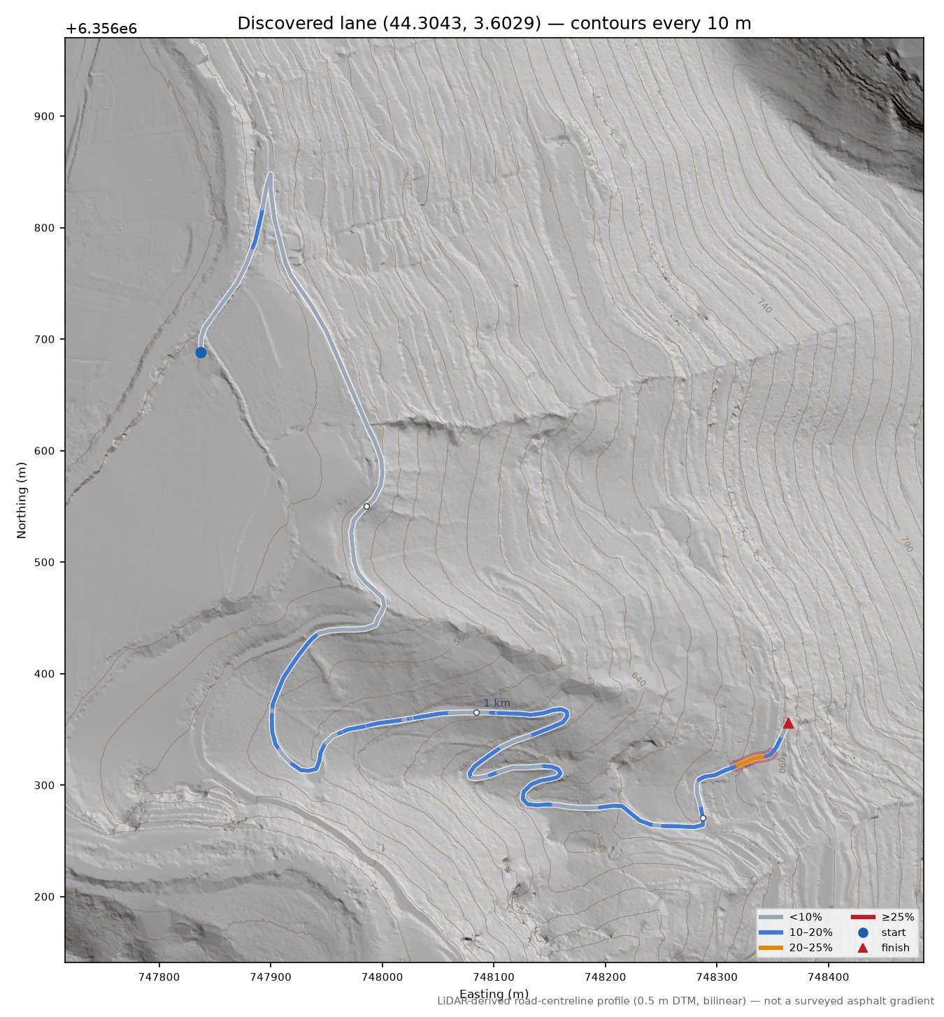 Discovered lane (44.3043, 3.6029) LiDAR hillshade map with contours