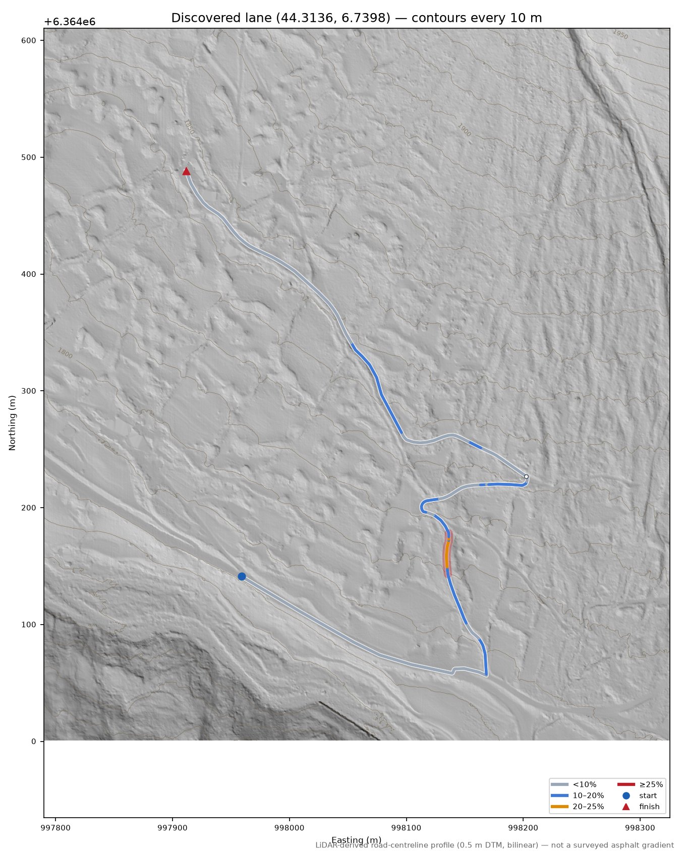 Discovered lane (44.3136, 6.7398) LiDAR hillshade map with contours