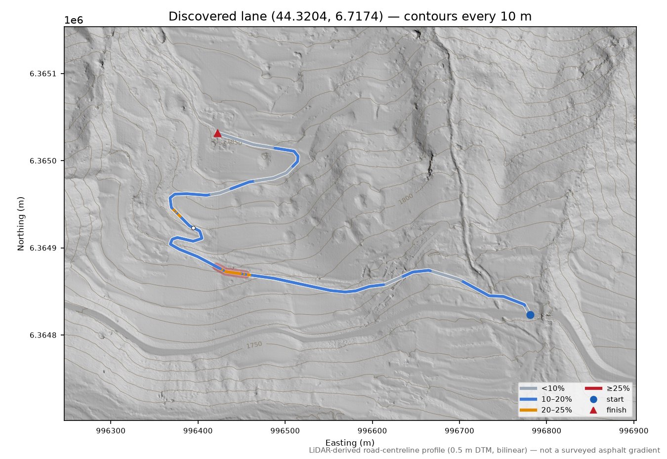 Discovered lane (44.3204, 6.7174) LiDAR hillshade map with contours