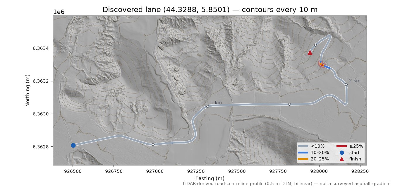 Discovered lane (44.3288, 5.8501) LiDAR hillshade map with contours