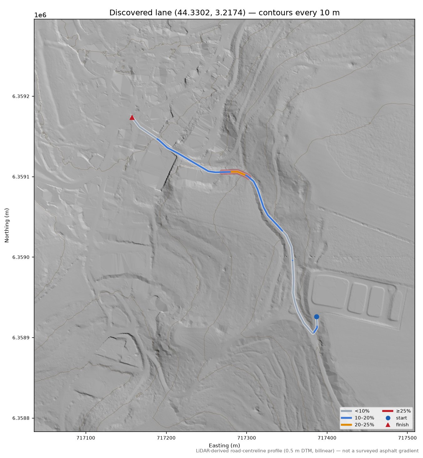 Discovered lane (44.3302, 3.2174) LiDAR hillshade map with contours