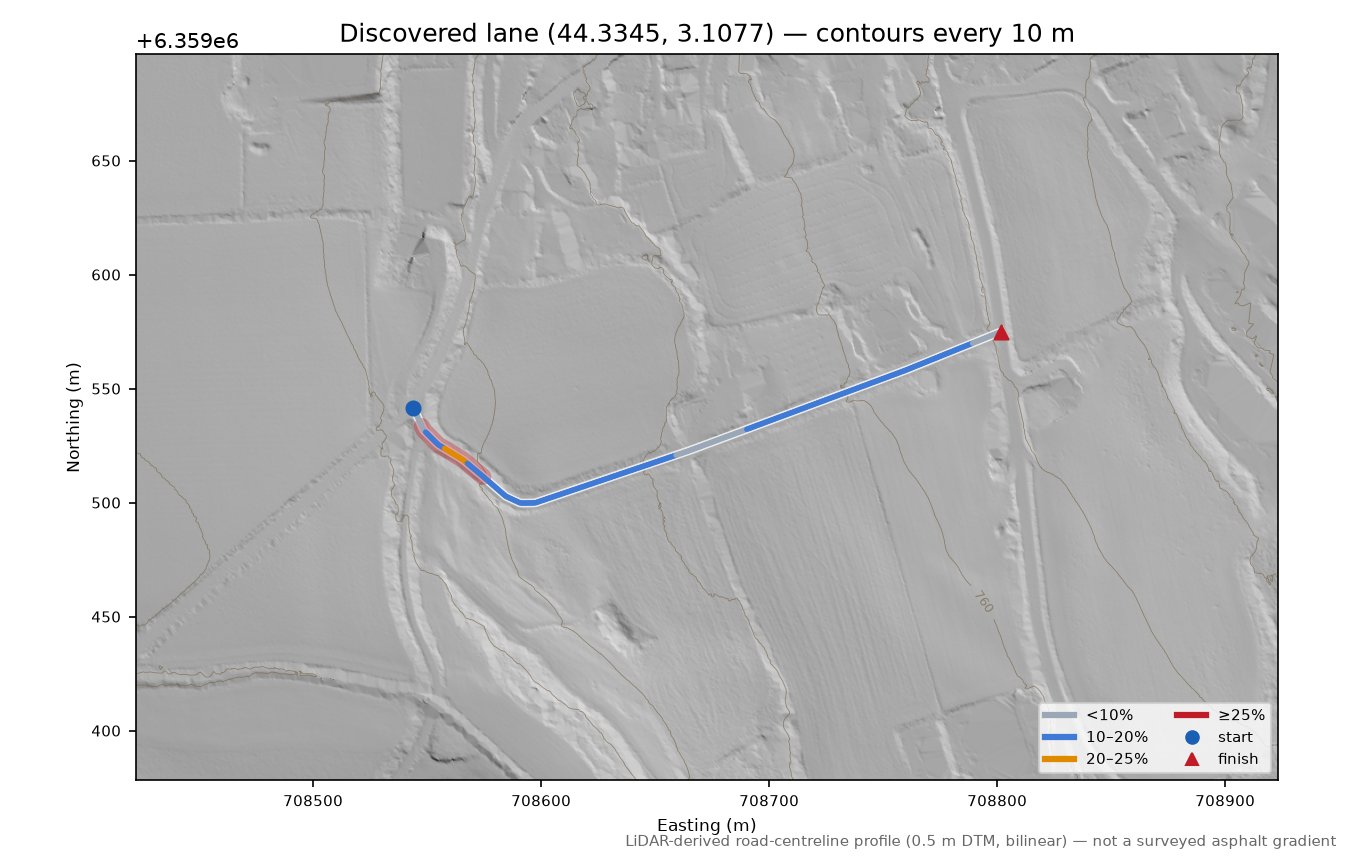 Discovered lane (44.3345, 3.1077) LiDAR hillshade map with contours