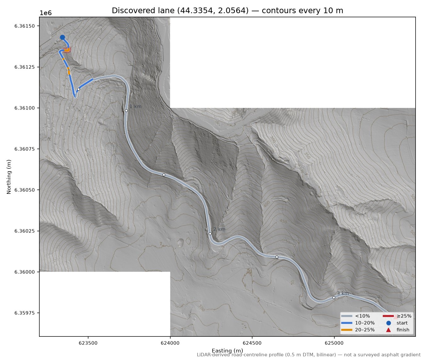 Discovered lane (44.3354, 2.0564) LiDAR hillshade map with contours
