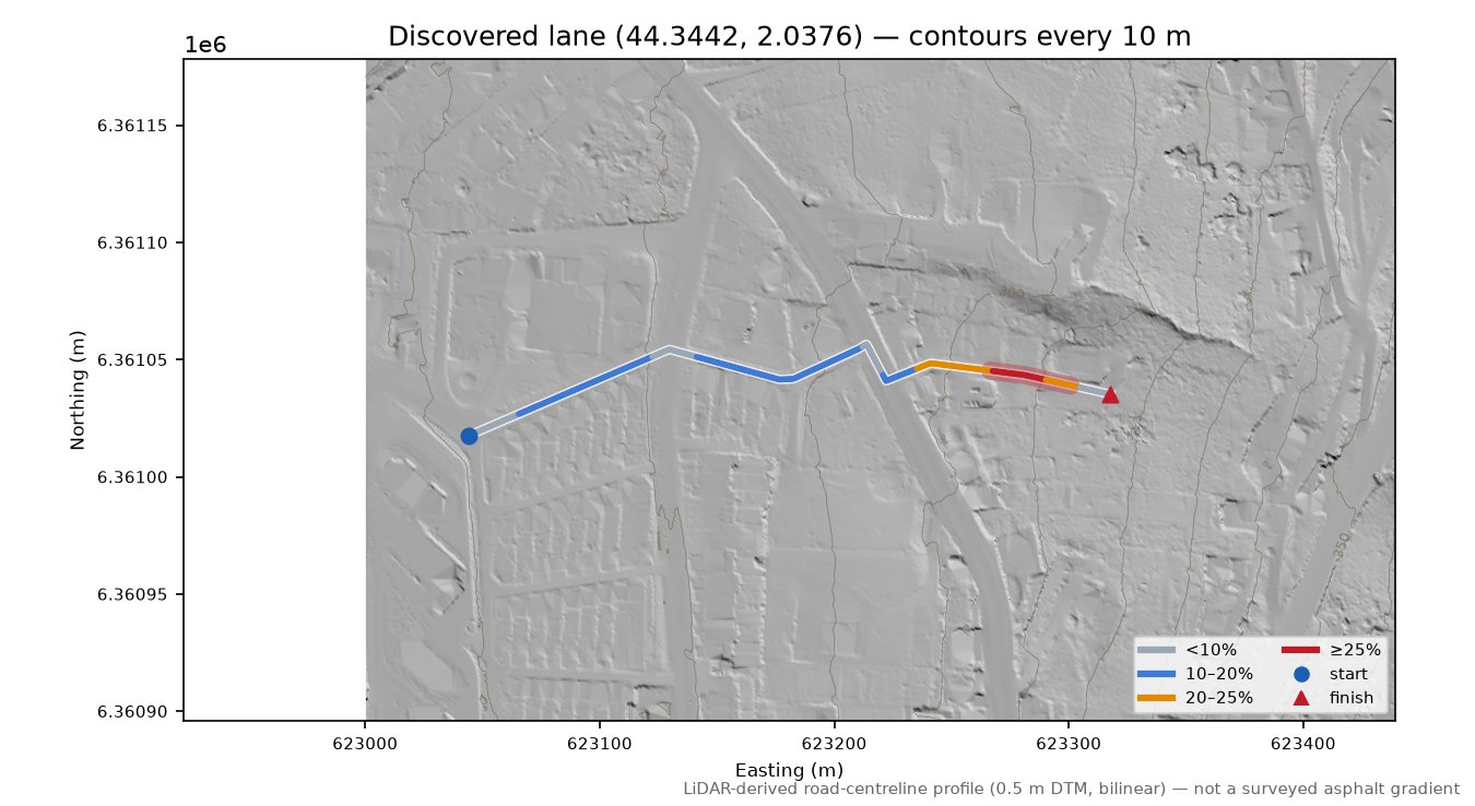 Discovered lane (44.3442, 2.0376) LiDAR hillshade map with contours