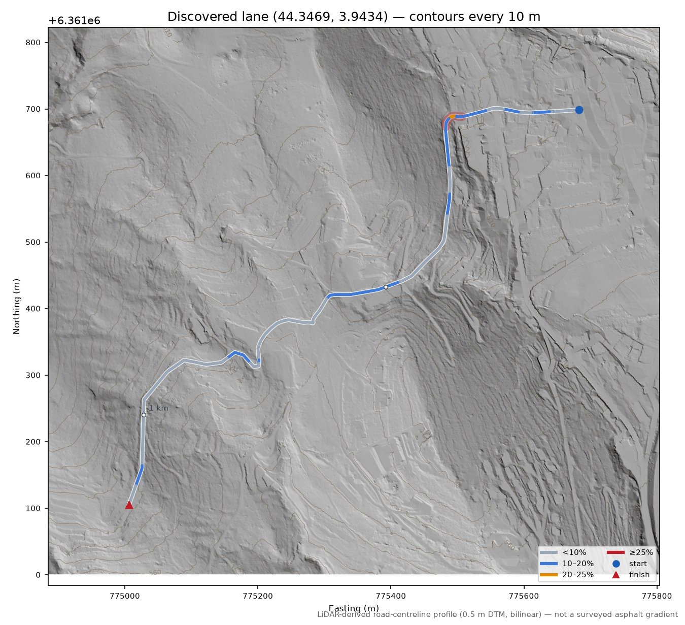 Discovered lane (44.3469, 3.9434) LiDAR hillshade map with contours