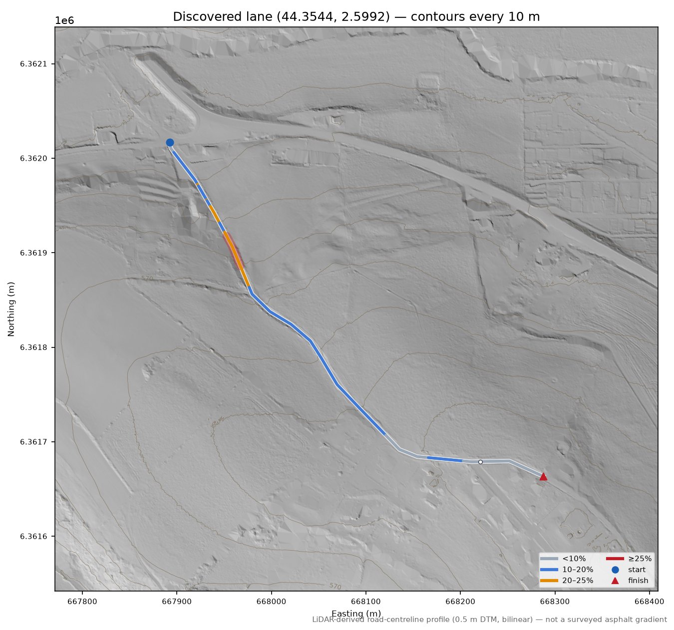 Discovered lane (44.3544, 2.5992) LiDAR hillshade map with contours