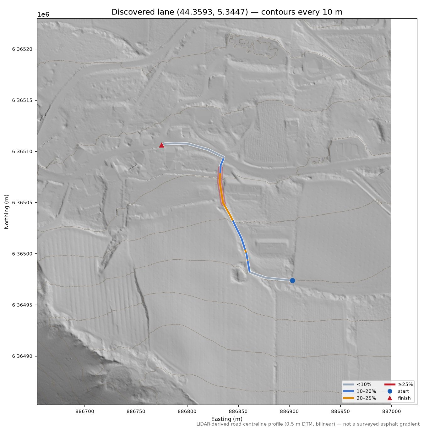 Discovered lane (44.3593, 5.3447) LiDAR hillshade map with contours